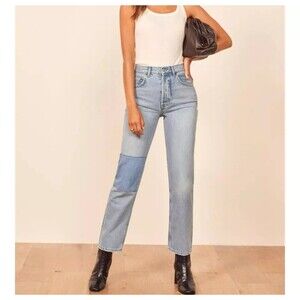 Reformation Cynthia Patch High Rise Straight Jeans 25 Tahoe Light Wash Denim